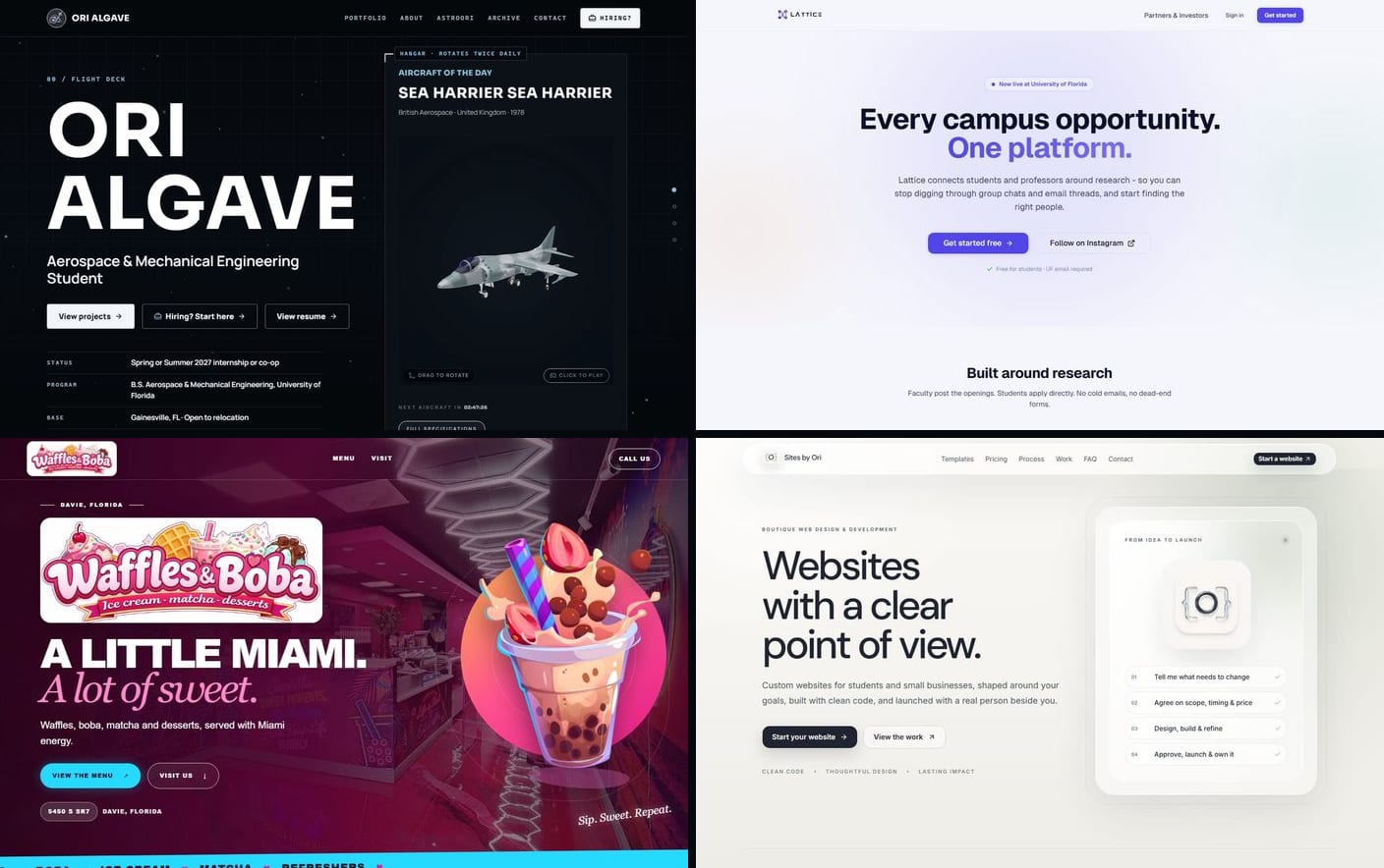 Four screenshots of sites built with Claude Code: orialgave.com, Lattice, Waffles and Boba, and Sites by Ori