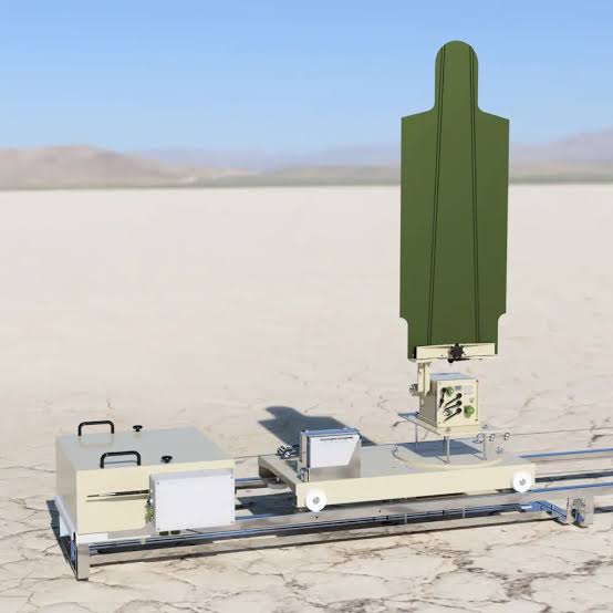 Render of a Theissen moving infantry target: a silhouette lifter on a powered carriage running along a ground rail