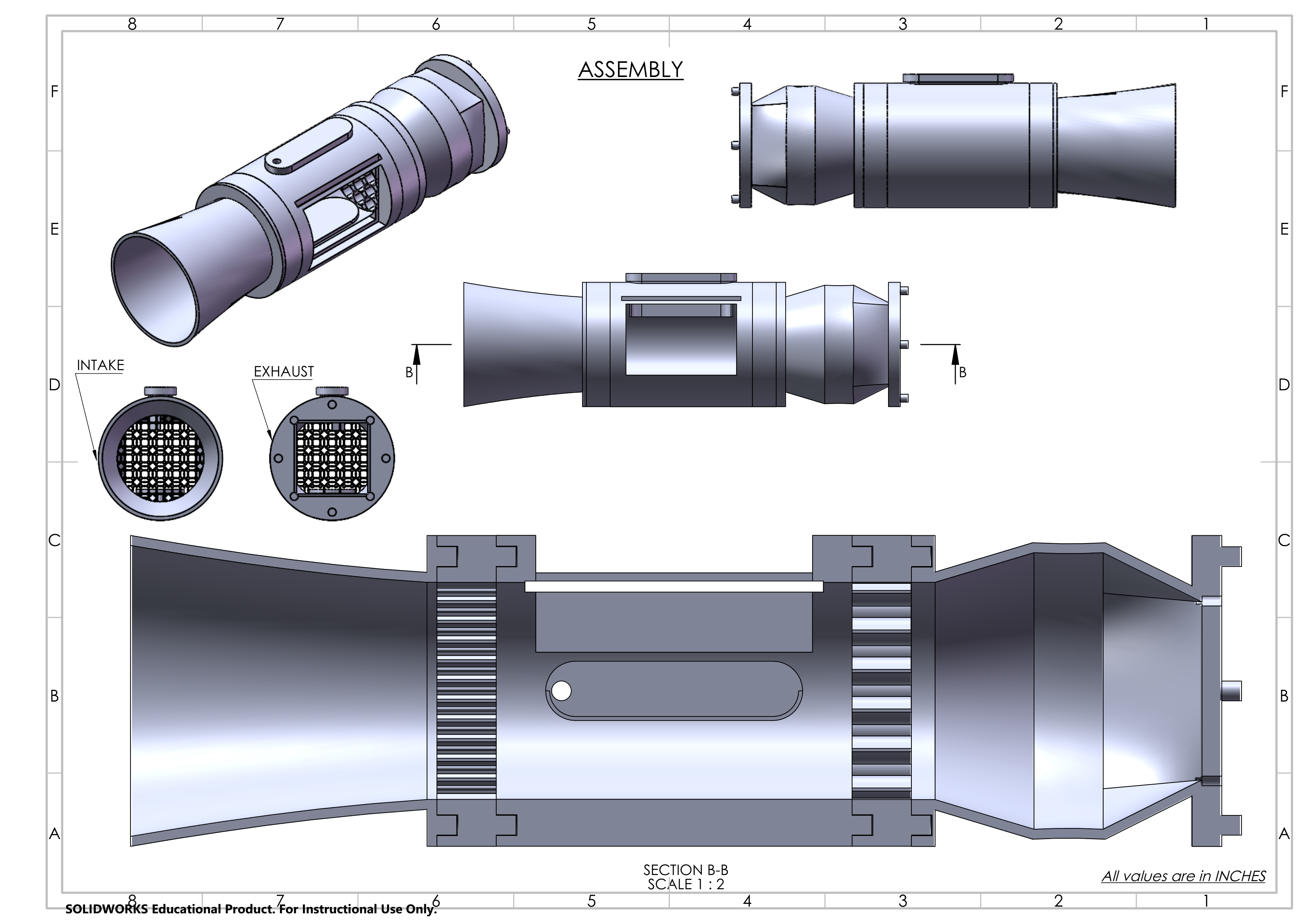 SolidWorks assembly drawing of a modular desktop wind tunnel showing intake, test section, and exhaust views
